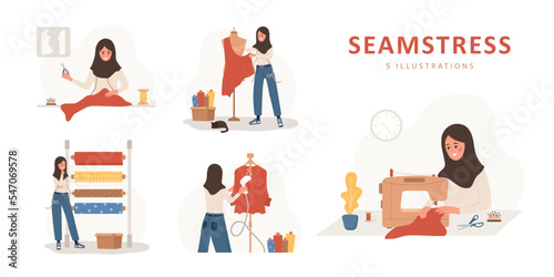 Sewing concept. Islamic woman seamstress sews, cuts, takes measurements and streams clothes. Fashion designer or dressmaker. Vector illustration in flat cartoon style. Hobby concept.