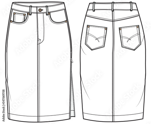 womens pencil skirt flat sketch vector illustration midi length denim skirt with zipper side front and back view technical cad drawing template