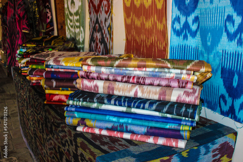 The stacks of silks in a shop in Margilan. photo