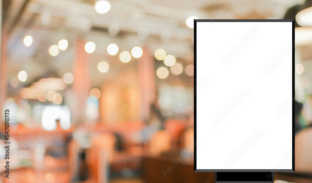 mock up poster stand on blurred luxury interior of restaurant and cafe for show , promote your product and design on display concept mock up poster stand on blurred luxury interior of restaurant and cafe for show , promote your product and design on display concept