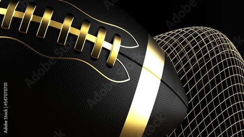Black-gold American foot ball with gold mathematical geometric grid line wave under black background. Concept 3D CG of sports technology, strategic ideas and intellectual analysis of operations.