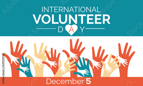 Volunteer day minimalist vector banner, poster, background with hands and hearts. One continuous line drawing with text international volunteer day.