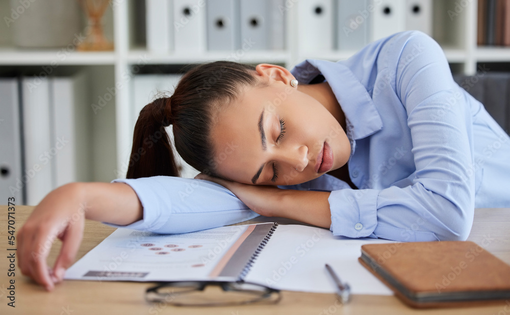 Business woman, burnout and tired while sleeping on desk, fatigue and fail with mistake, mental health at office. Depression, entrepreneur and sleep with overworked, problem and young woman dreaming Business woman, burnout and tired while sleeping on desk, fatigue and fail with mistake, mental health at office. Depression, entrepreneur and sleep with overworked, problem and young woman dreaming