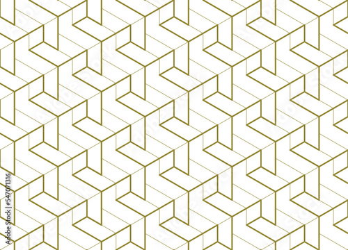 Contemporary abstract 3d stepped effect rectangular block shapes in a repeating geometric pattern of thick and thin gold color outlines, PNG transparent background.