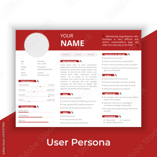 User Persona Document Template Vector Illustration. Examples of User Personas template. Persona Document. Persona Template for UI UX designer. User Persona vector horizontal template with blue color. 