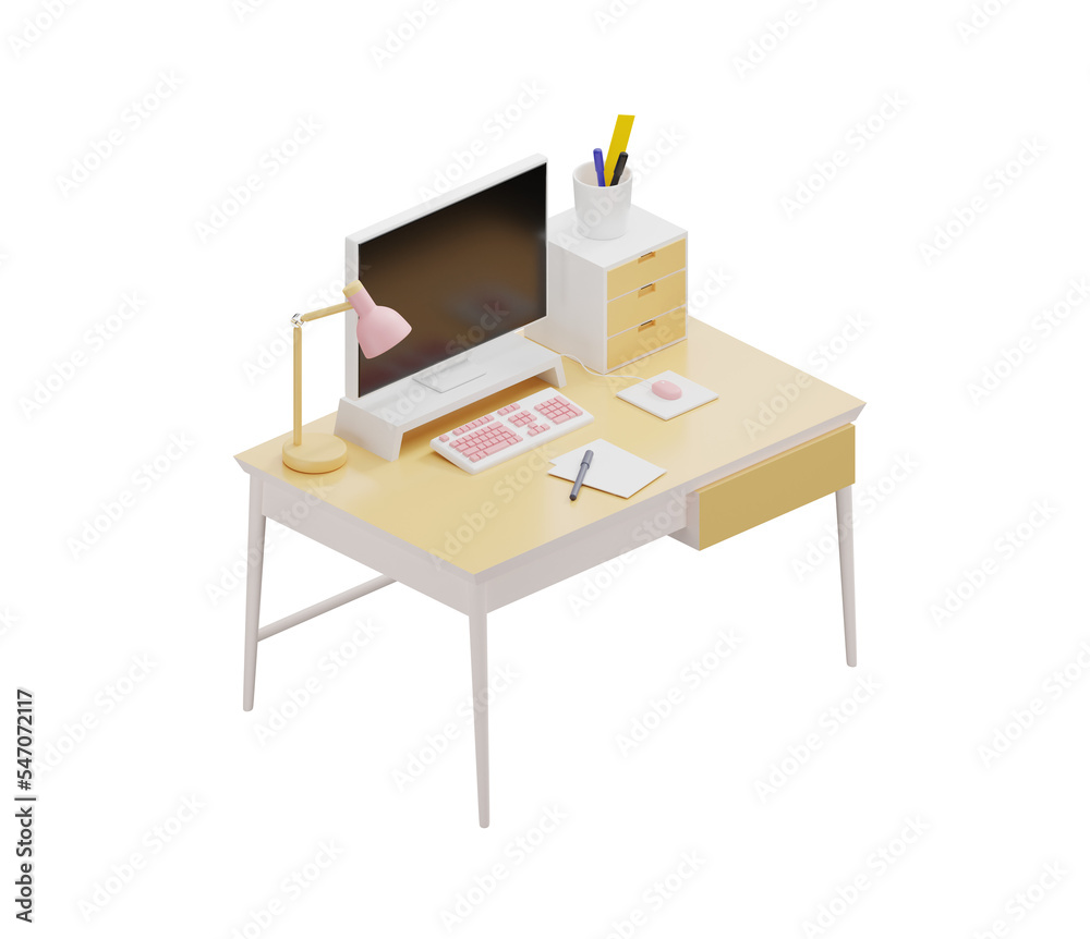 Desk with computer on white background. Clipping path included. 3D rendering Desk with computer on white background. Clipping path included. 3D rendering