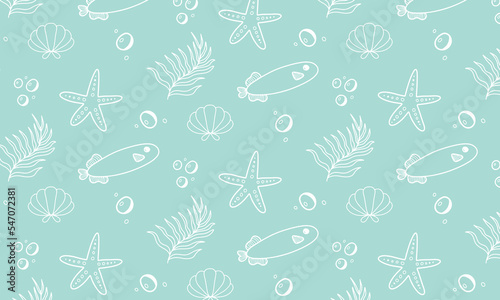 Cute childish marine pattern with fish, starfish, algae, shells on a turquoise background. Pattern for printing, children's textiles and wrapping paper