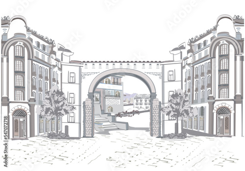Series of street views in the old city. Hand drawn vector architectural background with historic buildings. Black & white sketch