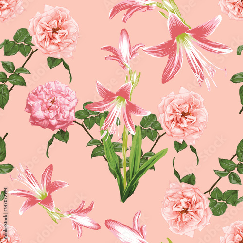 Fototapeta Naklejka Na Ścianę i Meble -  Seamless pattern floral with pink rose and lily flowers abstract background.Vector illustration watercolor hand drawning.For fabric pattern print design.