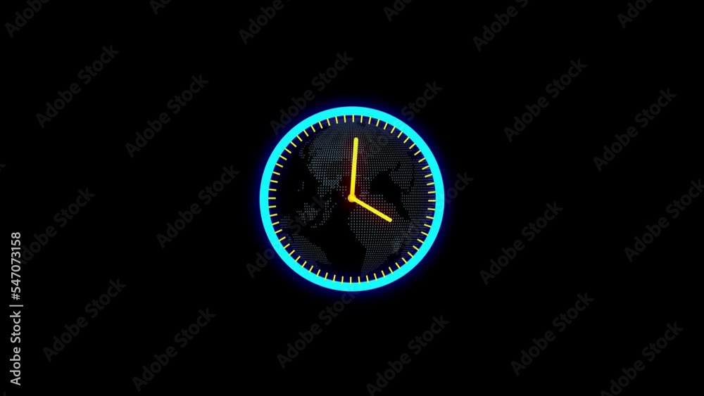 earth clock. clock abstract cyan color digital clock animation on black background. time clock animation in 12 hour.	