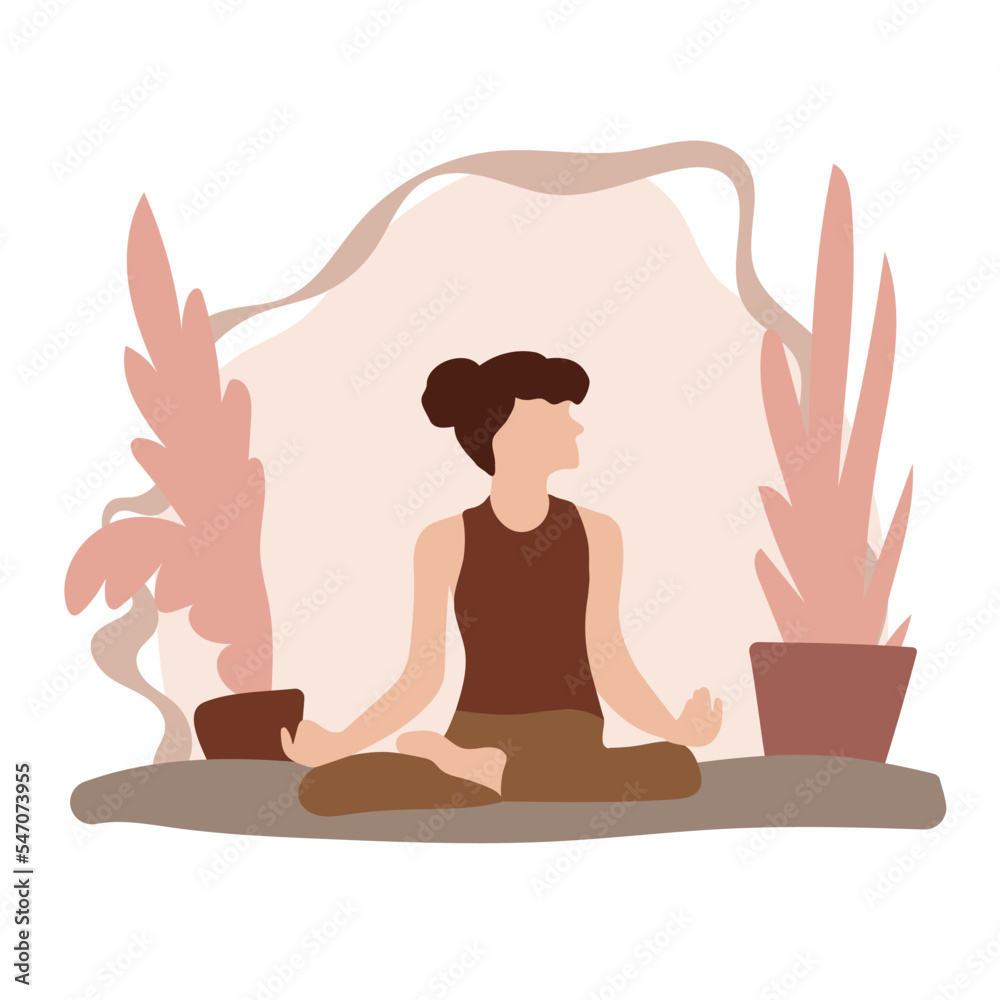 Woman practice yoga exercise. Active person enjoying aerobics. Woman practicing body stretching. Flat style. Vector. Woman practice yoga exercise. Active person enjoying aerobics. Woman practicing body stretching. Flat style. Vector.