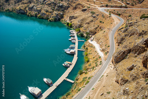 from top of cockboat which parking in river, sea or lake near carriageway or way Rumkale photo