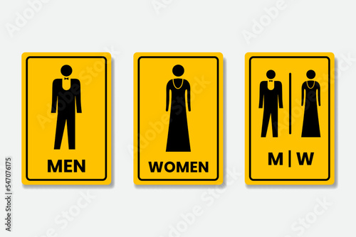 Set toilet signs with black border yellow base color and text inscription on isolated background