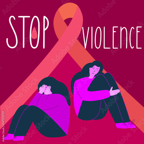 Vector illustration with orange ribbon STOP gender violence. Sisterhood arm, female body is freedom. Gender based violence, NO GBV.