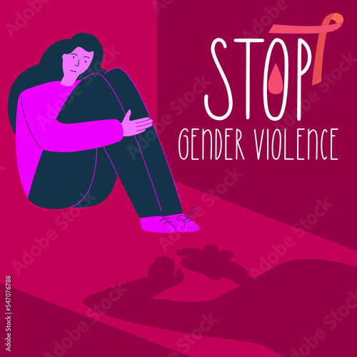 STOP gender violence vector illustration. Woman afraids of a shadow man. Gender based violence, NO GBV, female body is freedom.