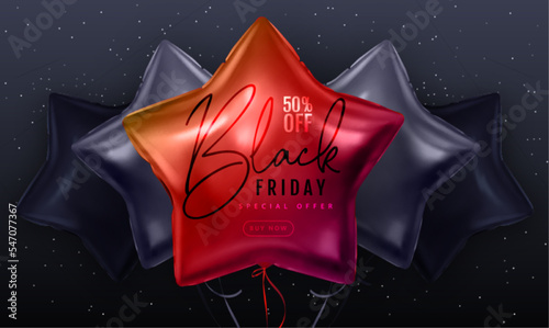 Black friday big sale typography poster with  black and red star shaped balloons. Vector illustration photo