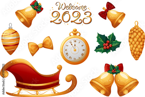 Set of Christmas cartoon items in gold. Sleigh, Christmas tree toys, clock, welcome 2023 inscription