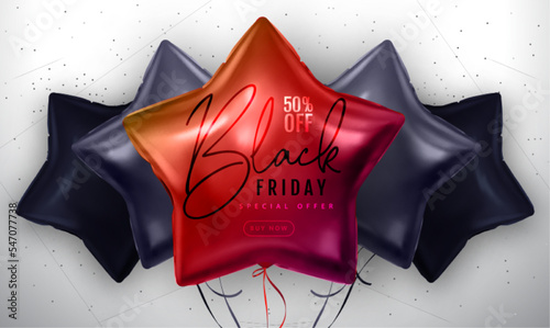 Black friday big sale typography poster with  black and red star shaped balloons. Vector illustration photo