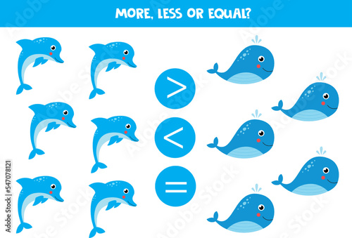 More, less or equal with cartoon sea animals.