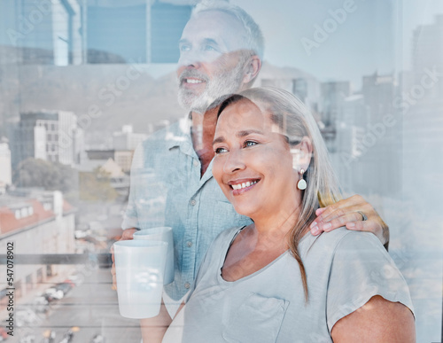 Couple, coffee and thinking at window about retirement future in morning together at home. Happy elderly woman, loving senior man and motivation support, vision and love or relax wellness with drink