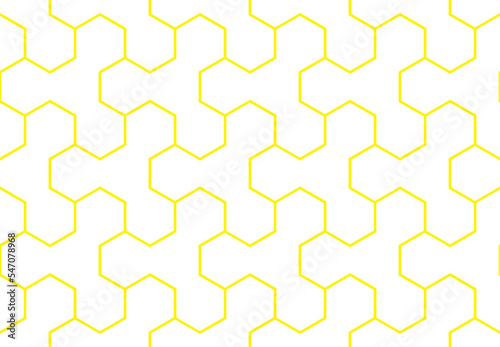 Contemporary connected hexagon shapes in a repeating geometric honeycomb pattern of bright yellow outlines, PNG transparent background