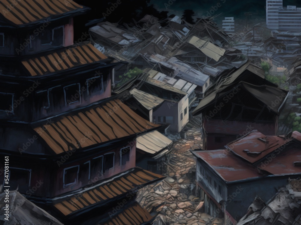Obraz premium 地震で崩壊した建物、アクリル絵
