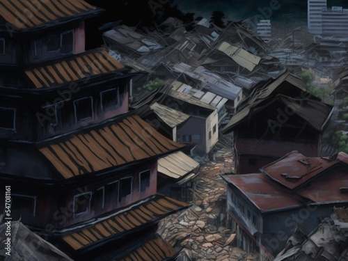 地震で崩壊した建物、アクリル絵