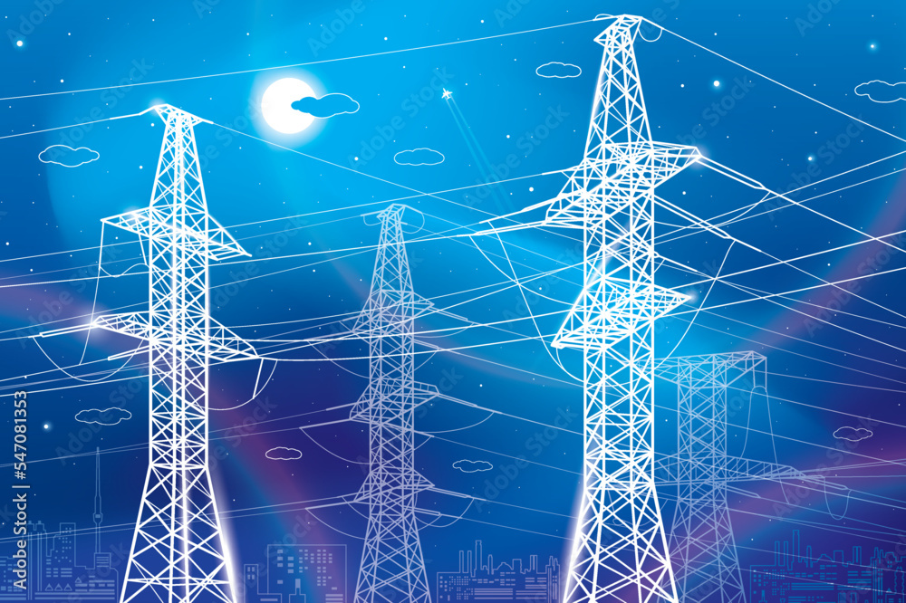 High voltage transmission systems. Electric pole. Neon glow. Power
