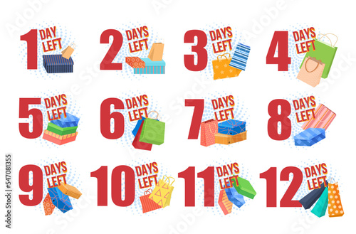 Number days left shopping countdown sale discount with paper bag gift badge set isometric vector