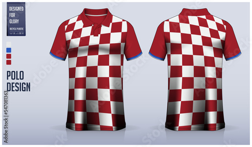 Red polo shirt mockup template design for soccer jersey, football kit, golf, tennis, sportswear. Checkered pattern.