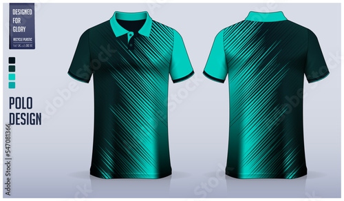 Green polo shirt mockup template design for soccer jersey, football kit, golf, tennis, sportswear. Abstract pattern.