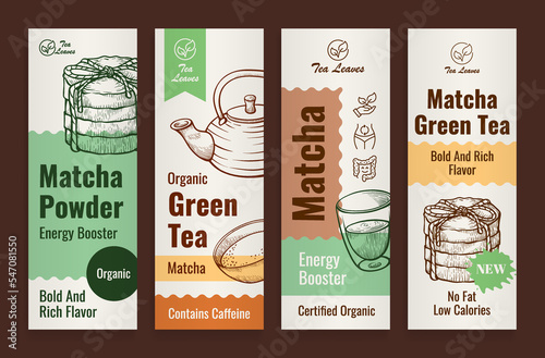 Organic matcha powder green tea energy booster vertical label set engraved vector illustration