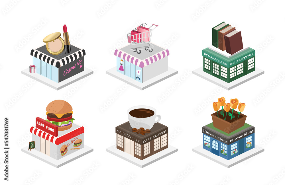 3d illustration of cosmetic shop, books store, fashion store, fast food restaurant, coffee shop and flower shop. 3d illustration of cosmetic shop, books store, fashion store, fast food restaurant, coffee shop and flower shop.