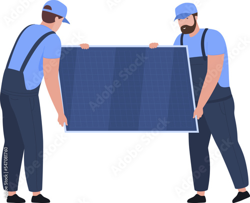 Male workers carrying solar panel vector flat illustration. Alternative electricity generator