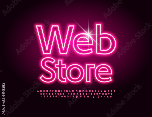 Vector glowing banner Web Store. Bright neon Font. Modern Alphabet Letters and Numbers