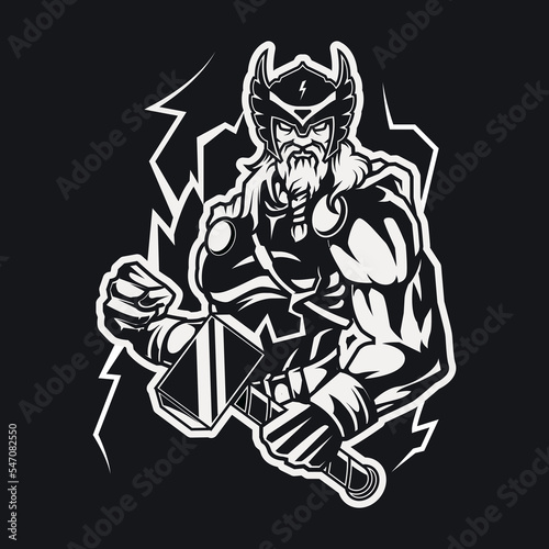 Illustration of a mythological god with hammer and lightning