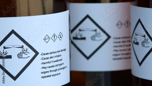 The corrosive chemical symbol on the bottle, dangerous chemicals in industry or laboratory