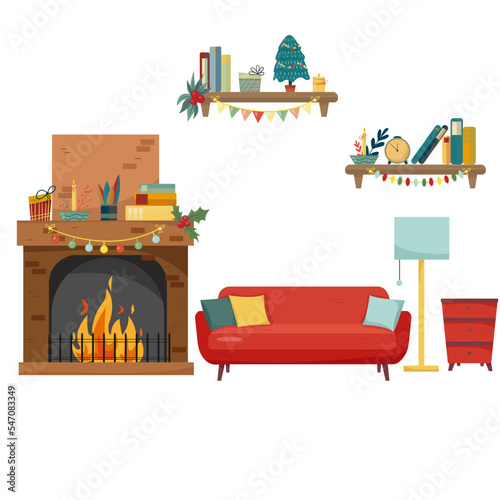 Christmas fireplace room interior in colorful cartoon flat style.