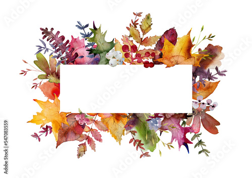 Watercolor illustration of autumn leaves and berries. Frame or template for the Thanksgiving holiday. Autumn botanical background for posters  greetings  wedding invitations  banners  wallpapers.