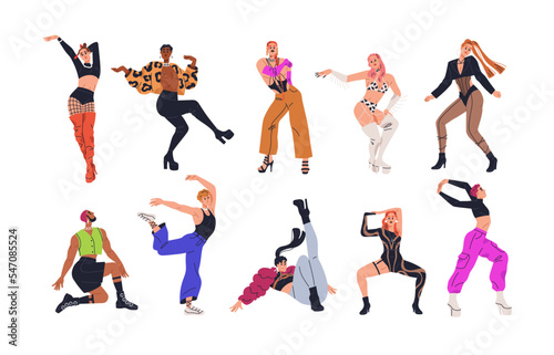 Dancers performing vogue dance. Modern fashion men, women in action, moving to trendy music. Stylish performers and arms, legs movements. Flat vector illustrations isolated on white background