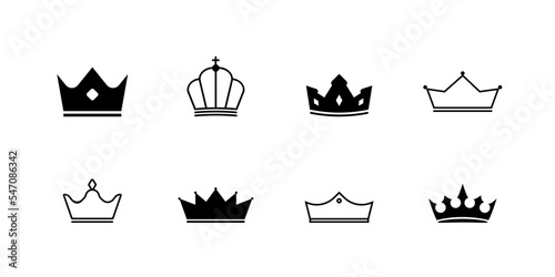 Black emperor corona icon set. Sketch heraldic diadem of royalty and power with luxury decoration in vintage medieval vector style