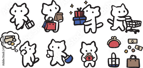 買い物をする猫　ショッピング　プレゼント　お金　シンプルでかわいい装飾イラストセット