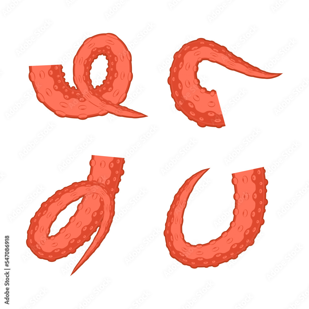 Octopus tentacles icons. Limbs of the sea monster kraken. Set of sea octopus twisted tentacles with suckers vector illustration