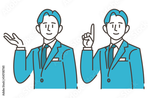 A young male businessperson in a suit who guides and introduces with a smile (vector illustration material)