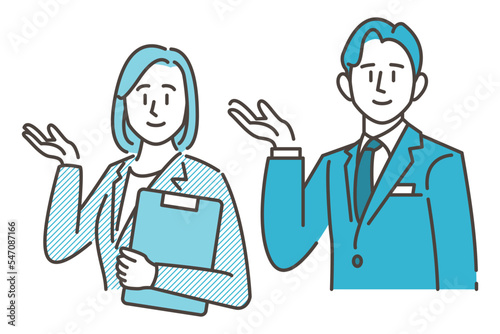 young male and female business people in suits who guide and introduce with a smile (vector illustration material)