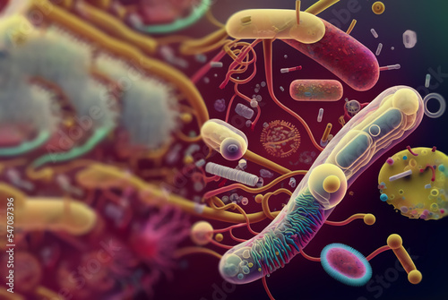 Gut microbe concept Gut microbiome helps control intestinal digestion and the immune system. Probiotics are beneficial bacteria used to help the growth of healthy gut flora 3d rendering photo