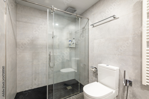 Simple bathroom with shower zone  white toilet and gray tiles. Interior of refurbushed apartment.