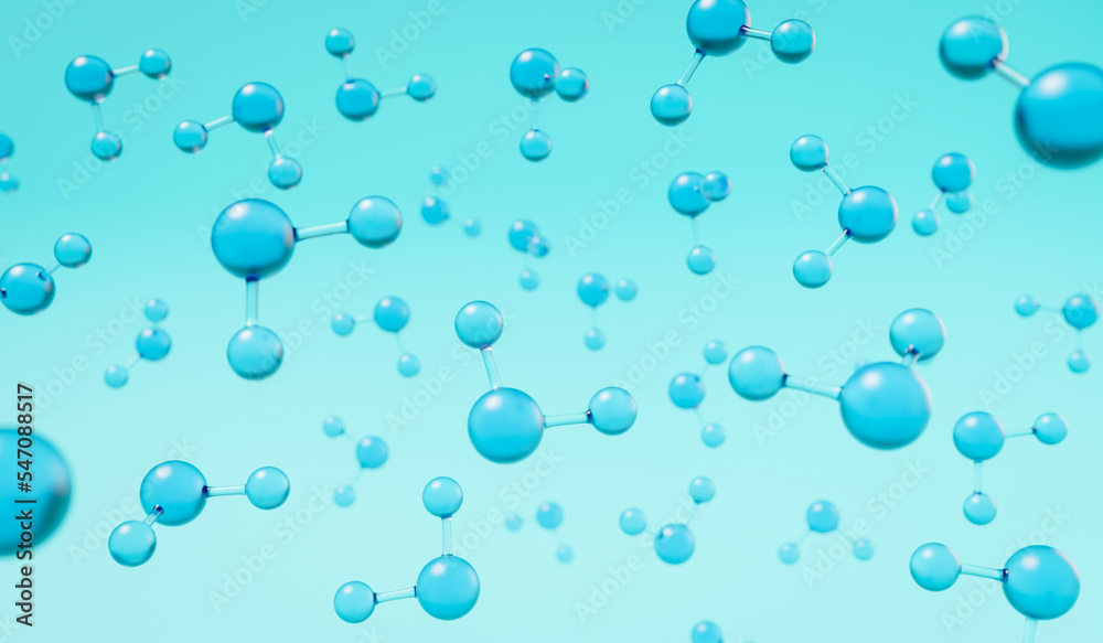水色背景にたくさんの透明な分子, 3DCGイラスト