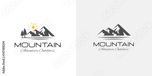 mountain landscape with rocks at sunrise, Sea and Sun for Hipster Adventure Traveling logo can be used biker cross