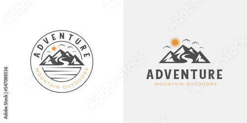 mountain landscape with rocks at sunrise, Sea and Sun for Hipster Adventure Traveling logo can be used biker cross